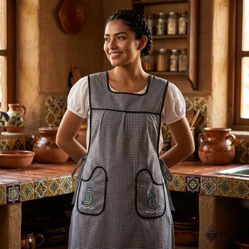 Blue Mexican Embroidered Smock Apron – Floral Traditional Design 21 x 30  in